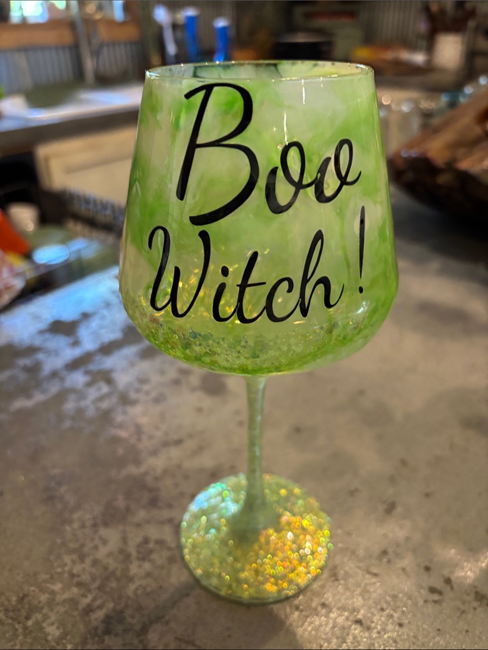 Boo Witch! Green Glitter Wine Glass -